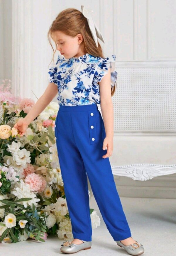 ⁦SHEIN مجموعة قميص وبنطلون بناتي مطبوع بزهور مع حواف بفتحات⁩ - الصورة ⁦8⁩