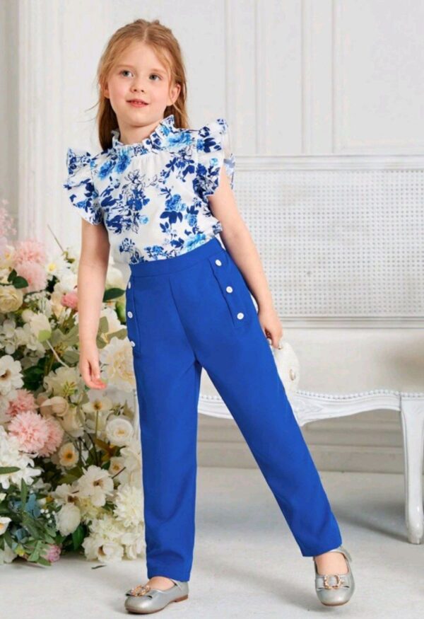 ⁦SHEIN مجموعة قميص وبنطلون بناتي مطبوع بزهور مع حواف بفتحات⁩ - الصورة ⁦5⁩