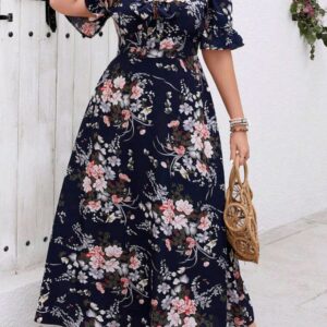 SHEIN LUNE فستان نسائي بأكمام مكشكشة وطبعة زهور للمقاسات الكبيرة والمرأة العصرية
