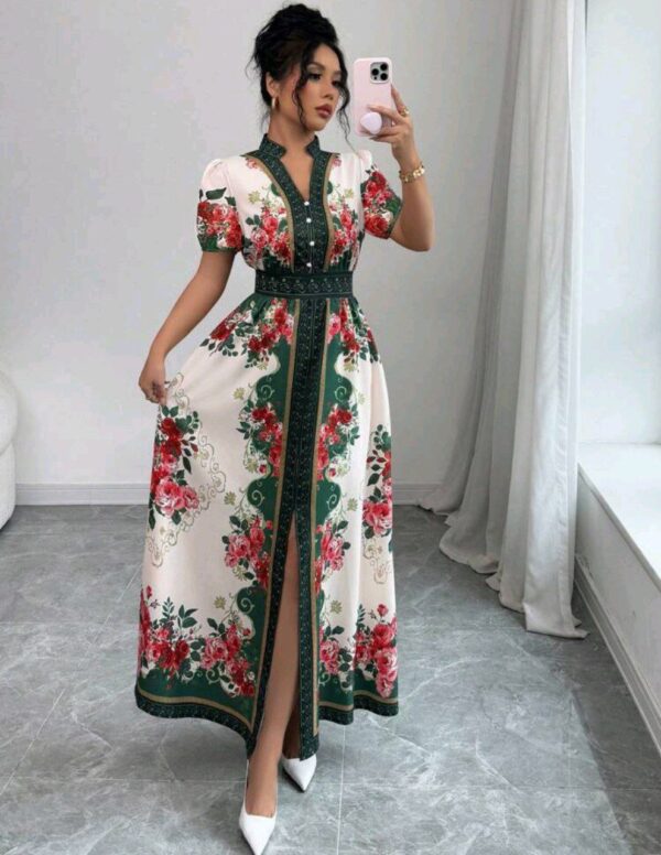⁦Elenzga فستان طباعة زهرية مع طوق عالي وأكمام منتفخة للعطلات⁩ - الصورة ⁦7⁩