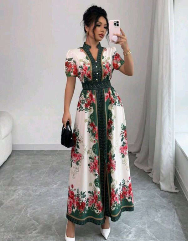 ⁦Elenzga فستان طباعة زهرية مع طوق عالي وأكمام منتفخة للعطلات⁩ - الصورة ⁦2⁩