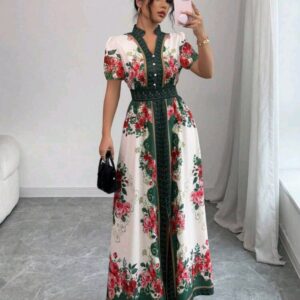 Elenzga فستان طباعة زهرية مع طوق عالي وأكمام منتفخة للعطلات