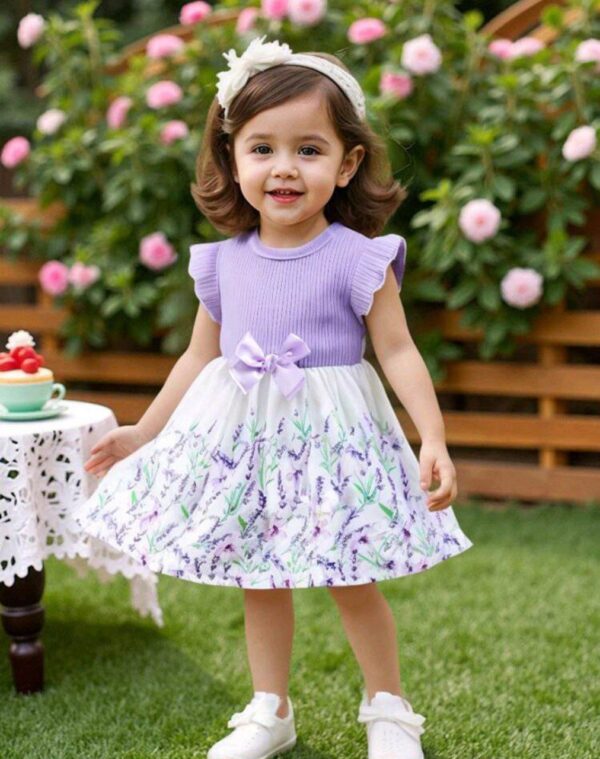⁦SHEIN Vintaside Kids فستان قطعة واحدة للبنت الصغيرة من الحرير بطبعة زهرية وأكمام قصيرة برقبة كشكش بنفسجي وأبيض مريح وعادي، مناسب لرحلات الصيف والخارج⁩ - الصورة ⁦2⁩