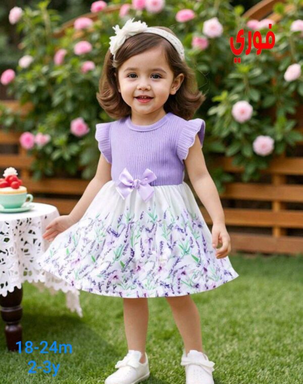 SHEIN Vintaside Kids فستان قطعة واحدة للبنت الصغيرة من الحرير بطبعة زهرية وأكمام قصيرة برقبة كشكش بنفسجي وأبيض مريح وعادي، مناسب لرحلات الصيف والخارج