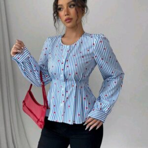 Rafferiza بلوزة نسائية بأكمام طويلة بتصميم قلب مخطط باللون الأزرق والأبيض، أنيقة ومميزة، مناسبة للربيع والصيف والخريف والشتاء