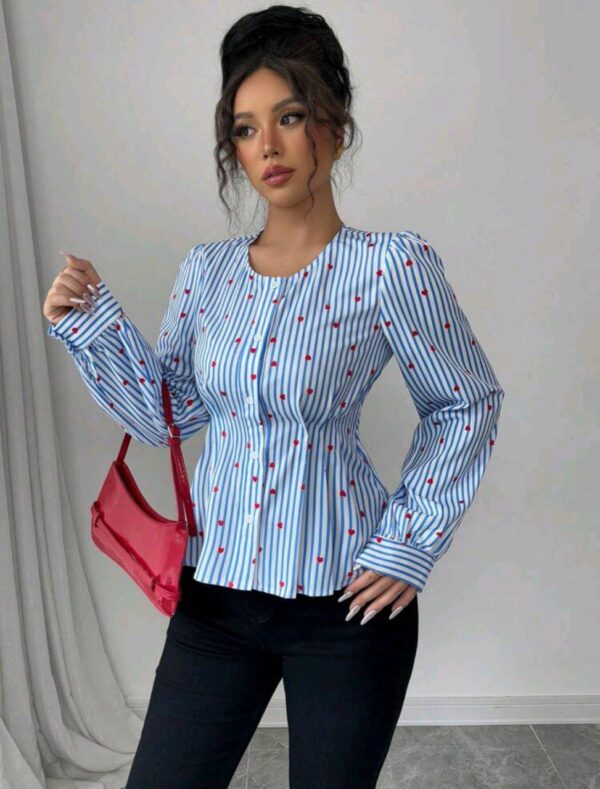 Rafferiza بلوزة نسائية بأكمام طويلة بتصميم قلب مخطط باللون الأزرق والأبيض، أنيقة ومميزة، مناسبة للربيع والصيف والخريف والشتاء