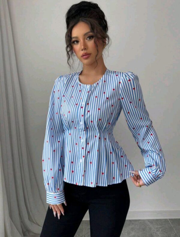 ⁦Rafferiza بلوزة نسائية بأكمام طويلة بتصميم قلب مخطط باللون الأزرق والأبيض، أنيقة ومميزة، مناسبة للربيع والصيف والخريف والشتاء⁩ - الصورة ⁦4⁩