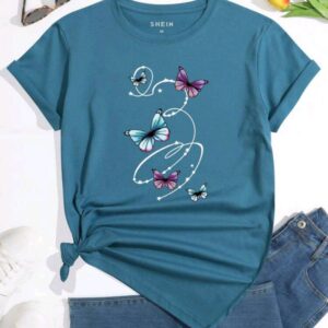 INAWLY تي شيرت رسومات ملابس علوية ذو رقبة دائرية بطبعة نجوم وفراشات للنساء